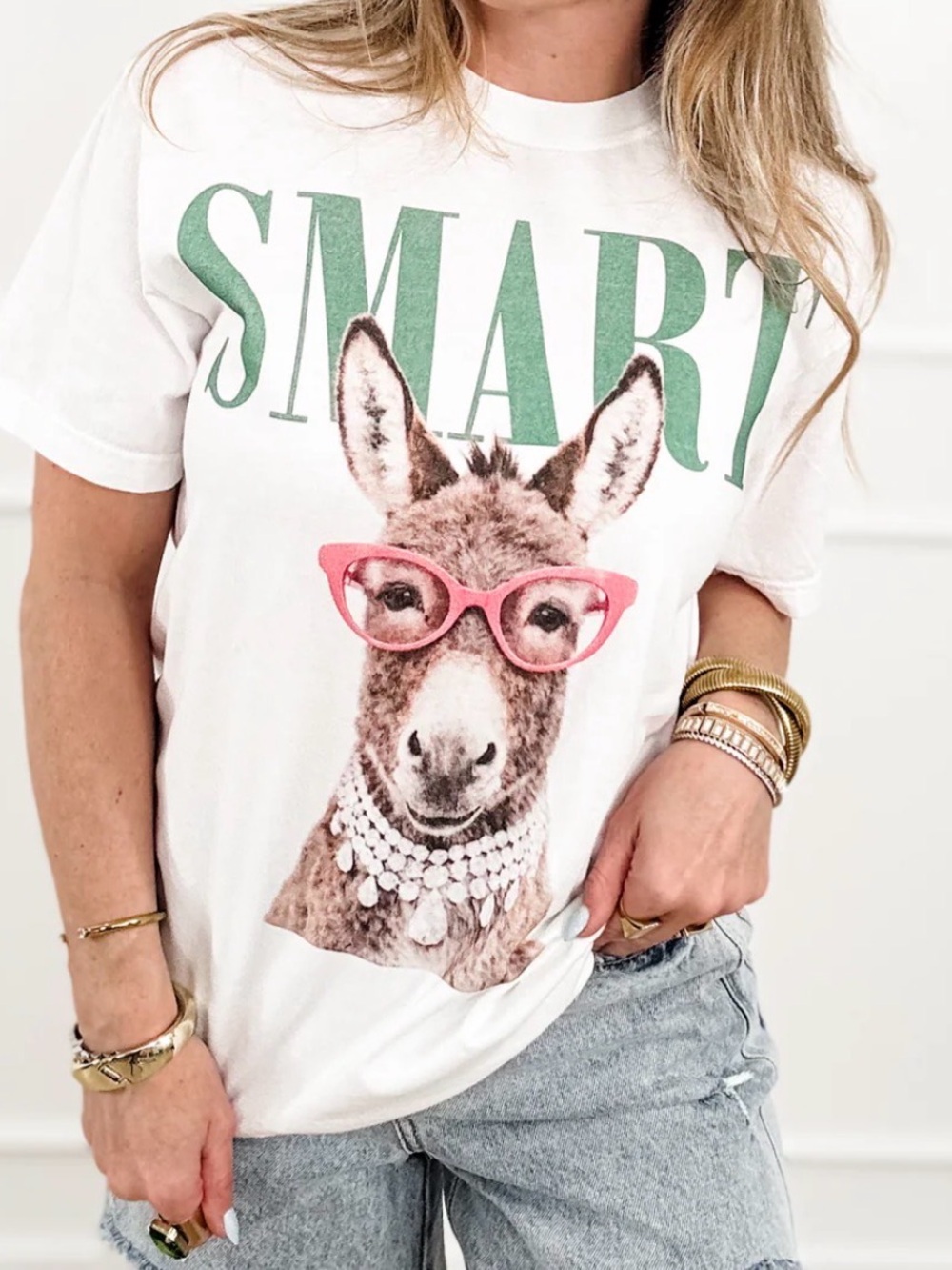 White 'Smart' Donkey Graphic Pet Tee with Pink Glasses